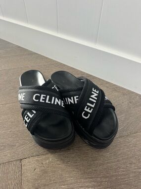 Celine Black Logo Cross-Strap Slide Sandals